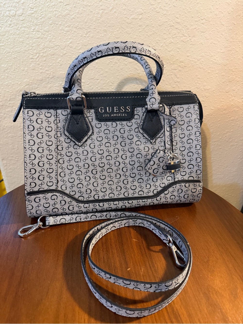 GUESS Cream and Black Logo Satchel with Removable Strap